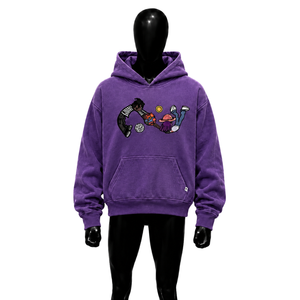 Sudadera con Capucha Morada con Estampado Gráfico de Personajes Divertidos, Estilo Vintage Lavado, Streetwear, Oversize, Casual, Unisex - Product Image 1