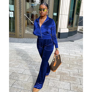 Ensemble deux pièces en velours pour femme, haut court à manches longues et pantalon évasé à taille haute avec fermeture éclair, couleur unie, style streetwear, tenue sexy pour club - Product Image 6