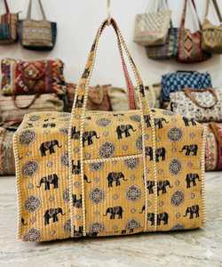 Indian Crafts & Arts Block Printed Cotton Quilted Duffle Bag Luxury Elephant Pattern Jaipur Handcrafted Travel Luggage Tote - Product Image 1