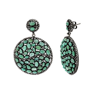 Boucles d'oreilles pendantes rondes en argent sterling 925 oxydé avec émeraude naturelle cabochon et diamant, collection Memoria Jewels - Product Image 2