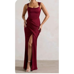 เดรสยาวสีแดงเบอร์กันดี ชุดราตรีสีแดงสำหรับผู้หญิง ชุดเดรสทรงเข้ารูปยาวสำหรับงานปาร์ตี้ ชุดเดรสผ่าหน้า ชุดเดรสคอเหลี่ยมสำหรับผู้หญิง ชุดเดรสสำหรับงานทางการ - Product Image 3