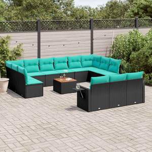 Juego de sofás de jardín de ratán sintético negro de 14 piezas con cojines para muebles de patio - Product Image 1