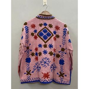 Pink Knitted Embroidered Floral tnt suzani Jacket Mandarin Collar Full Sleeve Bohemian Style <b>Women's</b> <b>Coat</b> <b>Spring</b> Wear - Product Image 2