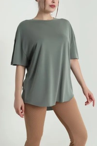 Camiseta de Cuello Alto EVER GLOW para Mujer, Color Sólido, Hombros Caídos, Corte Regular, Manga Corta, 100% Algodón, Transpirable, Verano - Product Image 4