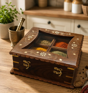 Boîte à épices en bois de Sheesham pour la cuisine, organisateur d'épices à 4 compartiments avec couvercle en verre, conteneur de rangement en bois pour la cuisine - Product Image 3