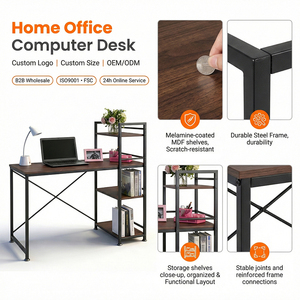 Bureau d'ordinateur moderne et durable avec étagère et tiroir, gain de place, plateau en MDF, structure métallique pour bureau à domicile - Product Image 2
