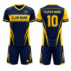 Kit de tennis personnalisé, couleur bleu marine et jaune, impression par sublimation, tissu en polyester respirant, séchage rapide, col en V, manches courtes - Product Image 1