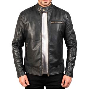 Chaqueta de Cuero, Piel de Vaca Auténtica, Cierre de Cremallera, Cuello con Banda, Botones a Presión, Puños con Cremallera, Estilo Clásico para Hombre - Product Image 1