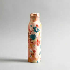 Botella de agua de cobre hecha a mano con estampado meena, diseño multicolor, base blanca, arte floral azul. - Product Image 1