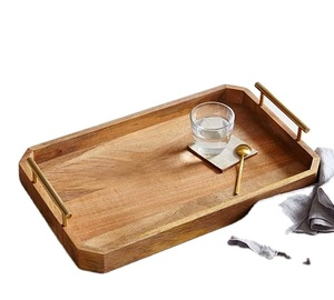 Plateau de service en bois d'acacia avec poignées Grand plateau en bois pour petit-déjeuner ottoman au lit Plateau rectangulaire décoratif pour le salon - Product Image 1
