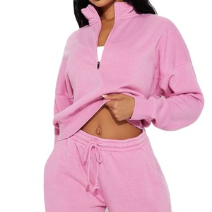 Conjunto de Sudadera Rosa con Cuello Alto y Pantalones Anchos de Pierna Larga para Mujer, Tejido Casual, Color Sólido, Transpirable, Ropa de Otoño - Product Image 2