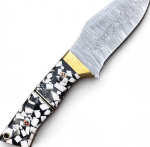 Iron Crown Forge Handcrafted Feather-Pattern Damascus Steel Fixed Blade Utility <b>Knife</b> with Mosaic Crushed <b>Bone</b> Resin <b>Handle</b> OEM - Product Image 3