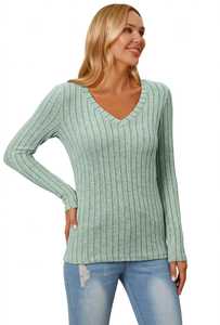 Pull en tricot côtelé vert sauge à col en V pour femme, manches longues, rayé - Product Image 2