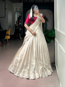Elegant for Silk Lehenga Choli with Gold Border Natural Waistline <b>Vintage</b> Design Pleated Skirt for Weddings & All Seasons - Product Image 2