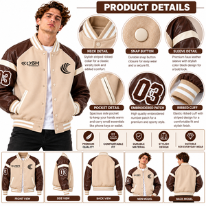 Chaqueta Varsity para hombre en beige y marrón con bloques de color, mangas de cuero PU, botones a presión y mangas en contraste. - Product Image 6