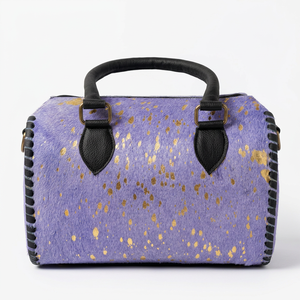 Luxury Purple Genuine Leather Cowhide Mini Speedy Duffel Bag With <b>Gold</b> Speckles And Green Gem Clasp Double Handle Zipper Closure - Product Image 2
