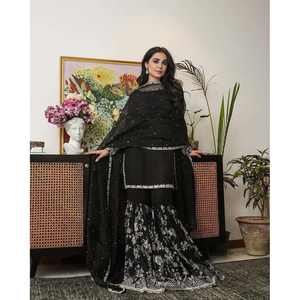 NUEVA LLEGADA GEORGETTE BORDADO SECUENCIA TRABAJO TOP SHARARA CON DUPATTA NEGRO - Product Image 1