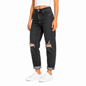 Jeans de Mujer de Cintura Alta, Estilo Boyfriend, Rectos, Desgastados, de Mezclilla, Corte Holgado, Largura al Tobillo, Color Sólido, Estilo Casual Urbano - Product Image 2