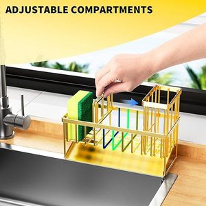 Portaspugne da cucina con supporto per spazzole, organizer da lavello in acciaio inox 304 antiruggine, accessorio da piano di lavoro color oro, soluzione salvaspazio per la cucina - Product Image 5