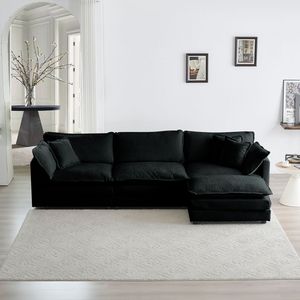 Divano Componibile Modulare a L Oversize in Ciniglia Nera, Combinazione Libera, con Pouf Reversibile per Soggiorno - Product Image 2