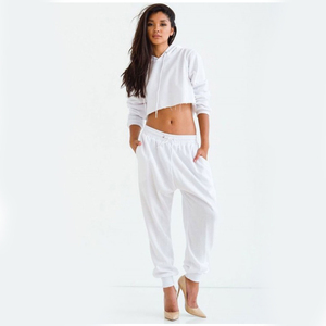 Conjunto de Sudadera con Capucha Blanca para Mujer, Manga Larga, Color Sólido, Chándal Informal, Corte Holgado, Cierre con Cordón, Pantalones Largos - Product Image 2