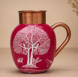Carafe à eau en cuivre pur, émaillée rose, motif imprimé Arbre de Vie, motif paon et éléphant, style antique indien ayurvédique - Product Image 4
