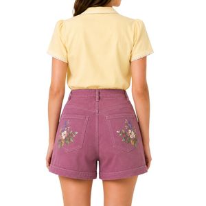 Custom Dusty Rose Floral Embroidered <b>Women</b> High Waist Denim Shorts Casual Summer Cotton Stretch <b>Jean</b> Shorts Custom Logo Apparel - Product Image 2