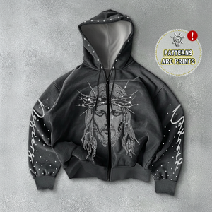 Sudadera con capucha y cremallera frontal con estampado de figuras y adornos de diamantes de imitación para hombre, sudadera con capucha gráfica con cremallera para hombre - Product Image 1