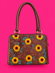 Nouveauté : Sac fourre-tout en cuir véritable sculpté à la main, style bohème vintage, motif tournesol, sacs à bandoulière élégants faits à la main - Product Image 1