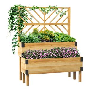 Fioriera a 2 livelli in legno con traliccio, letto rialzato naturale per orto con eleganti recinzioni e cancelli - Product Image 1