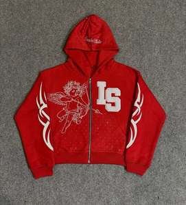 Sweat-shirt à capuche rose personnalisé avec fermeture éclair, orné de strass et d'un imprimé graphique, style streetwear, mode, OEM ODM - Product Image 5