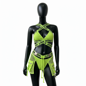 Ensemble de bikini côtelé en nylon et élasthanne pour femme, vert fluo, avec bretelles croisées et empiècements en maille, maillot de bain personnalisable avec logo pour femme - Product Image 6