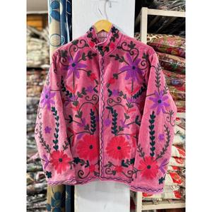 Pink Handmade Floral Embroidered <b>Velvet</b> 100% Cotton <b>Women's</b> Mandarin Collar Full Sleeve Autumn Style Decorative <b>Coat</b> Cotton - Product Image 1