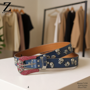 Cintura in Vera Pelle Marca Z 3.8*105Cm con Fibbia a Mezzo Teschio Diamantato, Cintura Moda Donna - Product Image 3