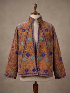 Brown Floral Embroidered Mandarin Collar <b>Blazer</b> Full Sleeve Suzani <b>Velvet</b> Cotton Lining Windproof Thick Women's Winter Jacket - Product Image 4