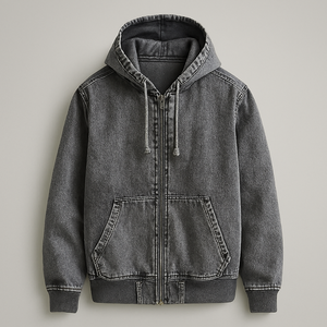 Sweat à capuche zippé en jean pour homme, style streetwear délavé, logo personnalisé, 100 % coton, coupe oversize, écoresponsable - Product Image 3