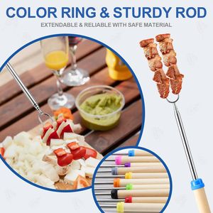 Set di 10 bastoncini estensibili da 32 pollici per arrostire marshmallow, colori assortiti, riutilizzabili, con manico in legno, strumenti premium per barbecue - Product Image 5