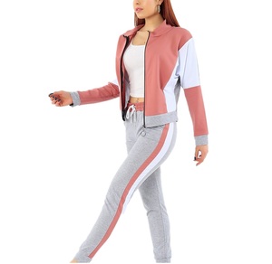 Women Color Block <b>Tracksuit</b> Full Sleeve Zipper Stand Collar Casual Sporty Gray Pink White Breathable Spring Wear - Product Image 3