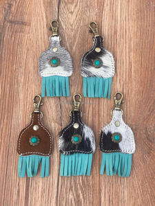 พวงกุญแจหนังแท้สไตล์ตะวันตกใหม่ทำจากหนังสีเทอร์ควอยซ์ - Product Image 5