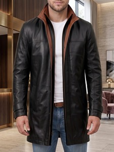 <b>Mens</b> <b>Black</b> Lambskin Leather Car <b>Coat</b> <b>Long</b> Length Wide Lapel Biker Style - Product Image 3