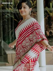 High Quality Soft <b>Linen</b> with Stripe & Hand-Face Digital Print Saree-Blouse <b>Set</b> Woman Fashion Manufacturer At Wholesale Rate - Product Image 4