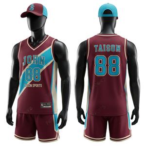 Uniforme de Baloncesto para Hombre, 160 GSM, Malla de Poliéster Transpirable, Color Borgoña, Verde Azulado y Crema, Panel Diagonal, Logotipo Personalizado por Sublimación, Conjunto para Equipo - Product Image 1