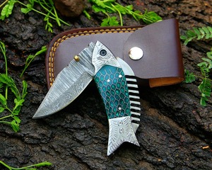 Damascus Steel Folding Pocket <b>Knife</b> <b>Fish</b> Shape Handle Handmade EDC Camping Hunting Utility Blade - Product Image 5
