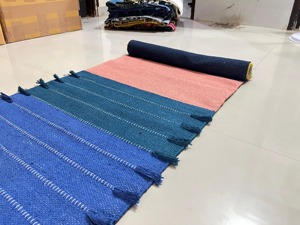 Contemporary Rectangle Chenille <b>Rug</b> With Printed Pattern Blue Yellow Gray Pink Stripes Woven Home Decor - Product Image 4