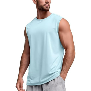 Camiseta sin mangas para hombre, azul claro, cuello redondo, de secado rápido, informal, para gimnasio, entrenamiento, color sólido, tejido de poliéster, chaleco muscular - Product Image 2