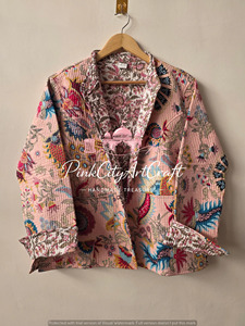 Indian Handmade Pink Cotton Quilted <b>Jacket</b> Kantha Stitch Winter Coat Floral Print Boho Short Cardigan Vintage Reversible <b>Blazer</b> - Product Image 4