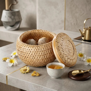 Panier de rangement en bambou fait main avec couvercle, panier tressé double couche, boîte à thé naturelle, petit organisateur décoratif rustique pour la maison, OEM Sup - Product Image 1