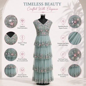Women Sage Green Floral Embroidered Maxi Dress V Neck Tiered Tulle Beaded <b>Sequin</b> Elegant Evening Wedding Party Special Occasion - Product Image 5