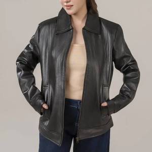 Anna Womens Black Genuine Leather Breathable <b>Jacket</b> <b>with</b> Shirt Style Collar-Winter Ready - Leather <b>Jacket</b> Black - Product Image 1