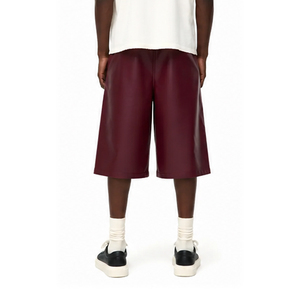 Men's Burgundy <b>Leather</b> Bermuda <b>Shorts</b> Drawstring Closure Solid Color Casual Woven Coated Breathable With Pockets <b>Leather</b> <b>Short</b> - Product Image 3
